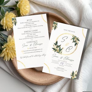 Elegant Greenery Wedding RSVP & Invitation Card Set | Custom Canva Template Digital Download 5x7"| Eucalyptus Gold Modern Chic Boho Design