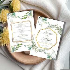 Gold Foil Wedding RSVP & Invitation Card Set | Custom Canva Template Digital Download 5x7"| Gold Floral Elegant DIY Modern Chic Boho Design