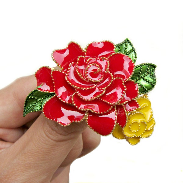 1pc Enamel Red Yellow Rose Brooch - for Wedding Accessories Ring Pillow Gift Box Shoeclips BRO-008 (55mm by 40mm or 2.2inch by 1.6inch)