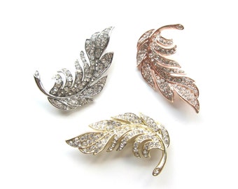 Rhinestone Brooch Leaf Feather 5pc, Crystal Brooch, Leaf Brooch, Feather Brooch, Rose Gold, Gold, Leaf Haircomb, BRO-038 (60mm x 40mm)