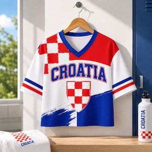 A red, white, and blue Croatia soccer jersey is hanging on a wooden hanger, with a water bottle and towel visible in the background.