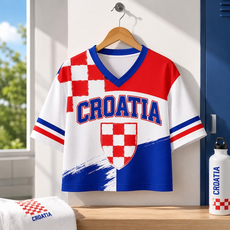 A red, white, and blue Croatia soccer jersey is hanging on a wooden hanger, with a water bottle and towel visible in the background.