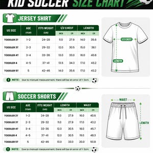 The image is a size chart for a soccer shirt and shorts, providing measurements and fit information for different age groups.