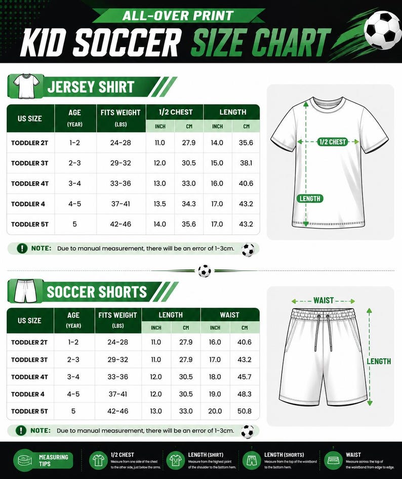 The image is a size chart for a soccer shirt and shorts, providing measurements and fit information for different age groups.
