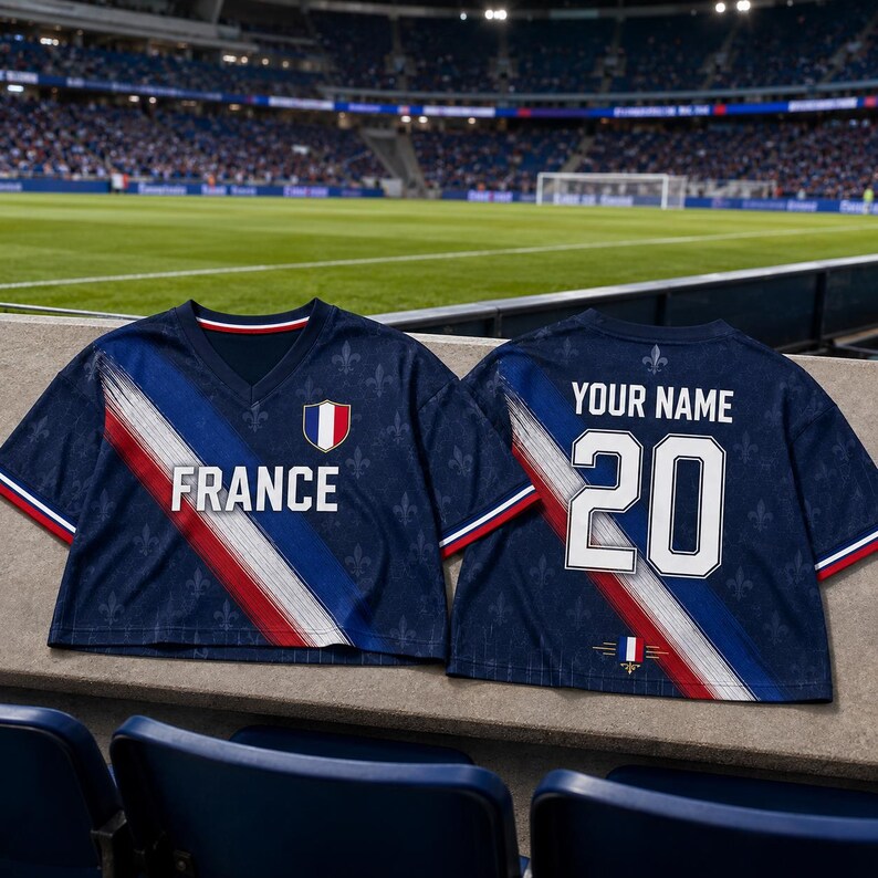 two blue soccer jerseys with the word "FRANCE" and the number "20" on them, placed on a bench in a stadium.