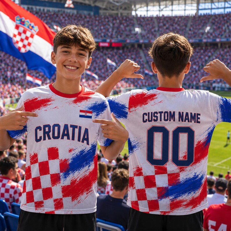 A young boy wearing a white and red Croatia soccer jersey with the custom name "00" and the number "00" on the back, smiling and pointing at the camera.