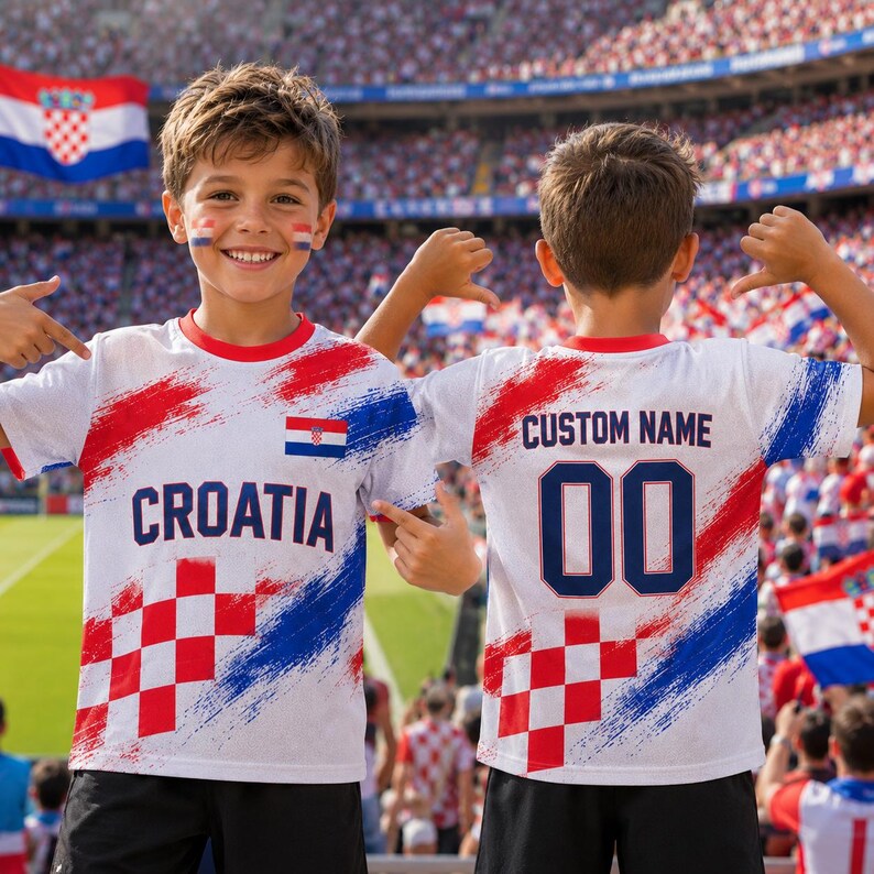 A young boy wearing a white and red Croatia soccer jersey with the custom name "00" and the number "00" on the back, smiling and pointing at the camera.
