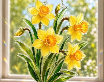 Yellow Daffodils Stained Acrylic Window Hanging, Narcissus Flower Suncatcher, Spring Floral Sun Catcher, Garden Decor