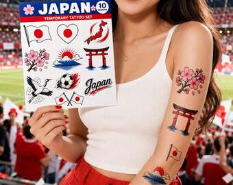 Japan Temporary Tattoos, Japan Soccer Fan Gift, Japan Flag Tattoo Set, Party Favor, World Cup Tattoo, Football Watch Party
