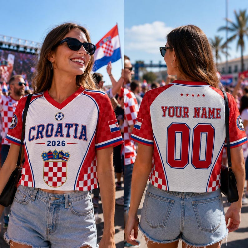 A woman wearing a red and white Croatia jersey with the number 00, smiling and holding a flag, standing in front of a crowd at what appears to be a sporting event.