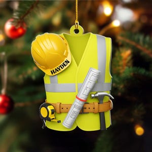 Personalized Construction Ornament: Hard Hat & Safety Vest 2D Flat Gift