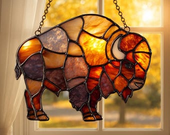 Bison Buffalo Acrylic Suncatcher, Cute Majestic Bison Faux Stained Glass Window Hanging, Home Decor for Nature Lovers