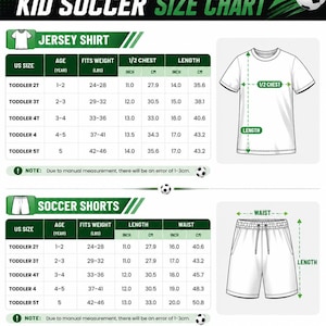 The image is a size chart for a soccer shirt and shorts, providing measurements and fit information for different age groups.