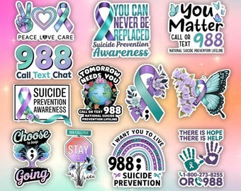 Suicide Prevention Stickers, Awareness Ribbon, 988 Stickers (12pcs)