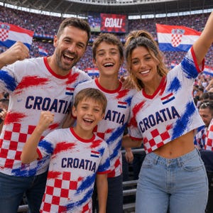 A group of four people, two men and two women, are wearing red, white, and blue striped shirts with the word "Croatia" printed on them, and they are smiling and celebrating at a sporting event.