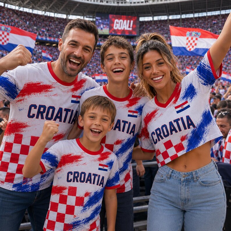 A group of four people, two men and two women, are wearing red, white, and blue striped shirts with the word "Croatia" printed on them, and they are smiling and celebrating at a sporting event.