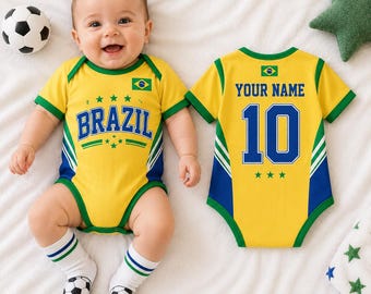 Personalized Brazil Baby Bodysuit, Brazil Soccer Romper, Custom Name Number Infant Outfit, Flag Baby Shower Gift