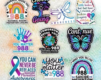 Suicide Awareness Stickers, 988 Ribbon, Waterproof Vinyl Decals (10 Pcs)