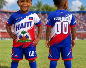Personalized Haiti Kids Soccer Jersey Set - Custom Name Number Football Outfit, Ayiti Cheri Haiti Fan Shirt & Shorts for Boys