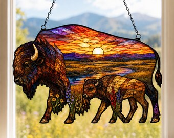 Bison Acrylic Suncatcher, Bison Faux Stained Glass Window Hanging, Home Decor for Nature Lovers