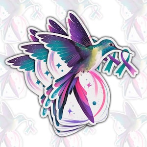 May include: A sticker set featuring a vibrant hummingbird with outstretched wings, rendered in shades of purple, teal, and pink. The bird holds a teal and purple ribbon in its beak, set against a backdrop of stylized circles and stars.