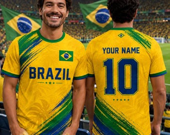 Custom Brazil Soccer Jersey for Kids Youth Adults, Personalized Brazil Football Crew Neck Shirt with Name Number, V-neck Croptop Jersey