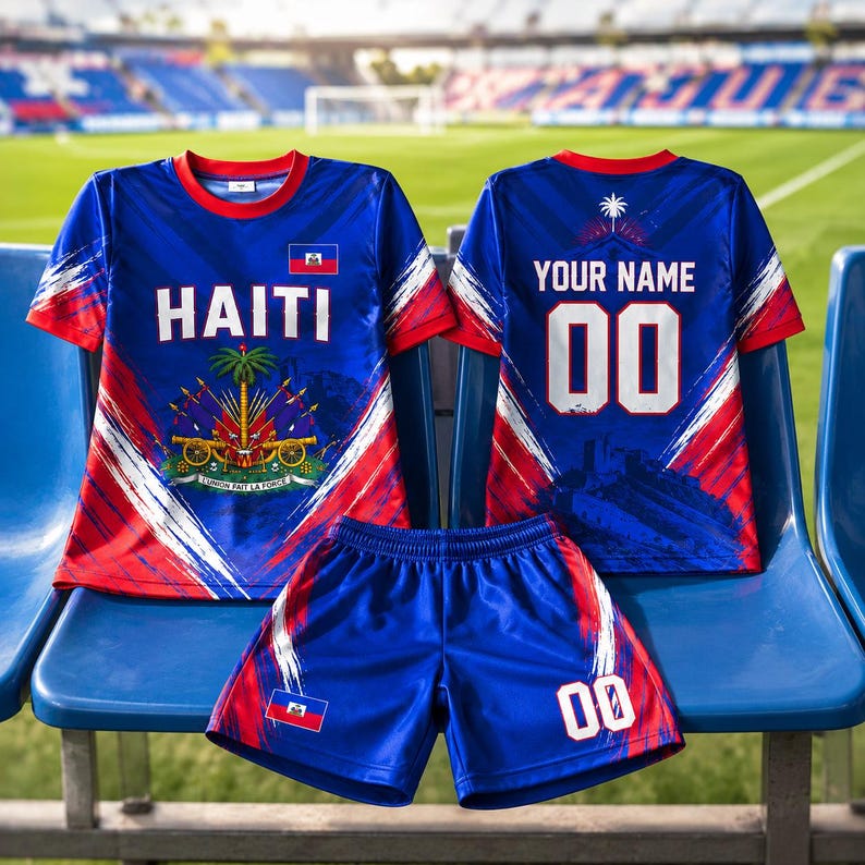 A pair of blue and red sports jerseys and shorts, with the jersey on the left displaying the word "HAITI" and the jersey on the right displaying the name "YOUR NAME" and the number "00".