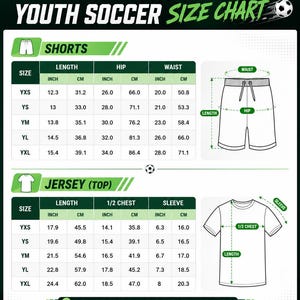The image is a youth soccer size chart that provides measurements for different types of soccer uniforms, including shorts, jerseys, and sleeveless tops. The chart includes tables and diagrams to help visualize the measurements and sizes for each type of uniform.