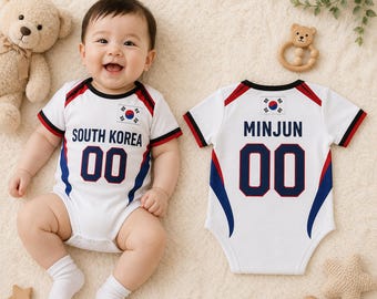 Custom South Korea Soccer Baby Bodysuit, Personalized Korean Football Infant Outfit with Name Number, Cute Futbol Baby Gift