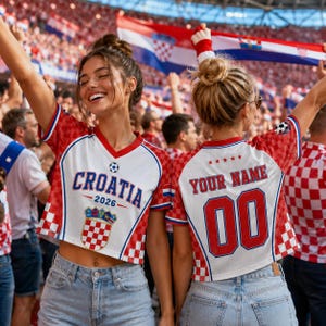 Two women wearing red and white Croatia soccer jerseys with the word "Croatia" and the year "2026" on them, smiling and celebrating in a stadium.