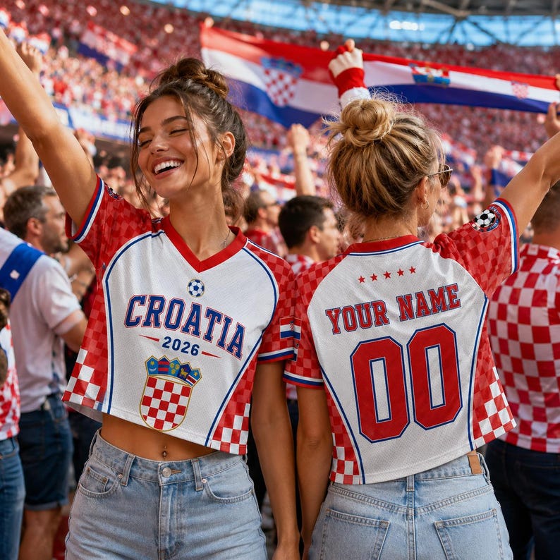 Two women wearing red and white Croatia soccer jerseys with the word "Croatia" and the year "2026" on them, smiling and celebrating in a stadium.