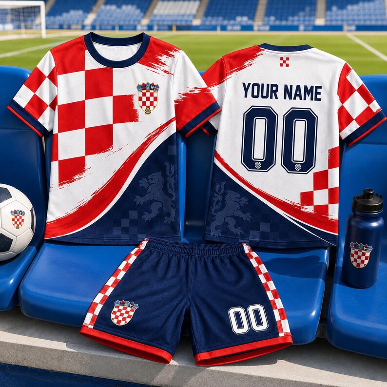A pair of soccer jerseys and shorts with the Croatia national team logo, along with a water bottle, are displayed on a bench.