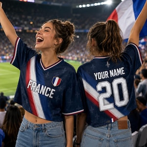 Two women wearing blue and red France soccer jerseys with the number 20, celebrating enthusiastically in a stadium.