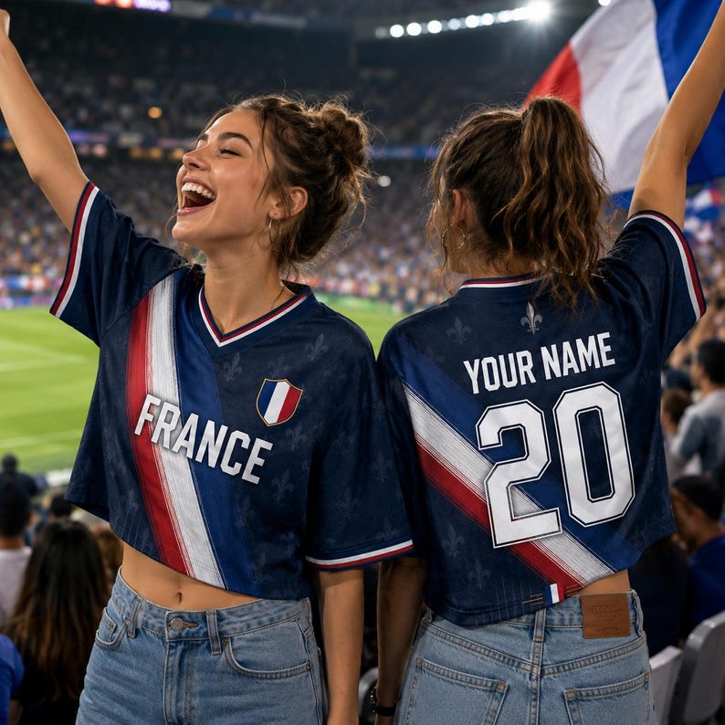 Two women wearing blue and red France soccer jerseys with the number 20, celebrating enthusiastically in a stadium.