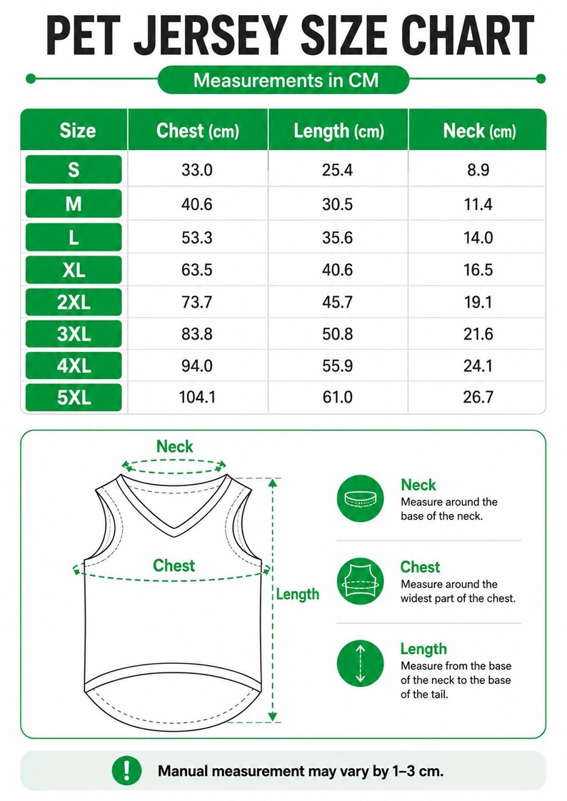 The image is a pet jersey size chart that provides measurements in centimeters for different sizes of pet clothing, including a chest, neck, and length measurements.