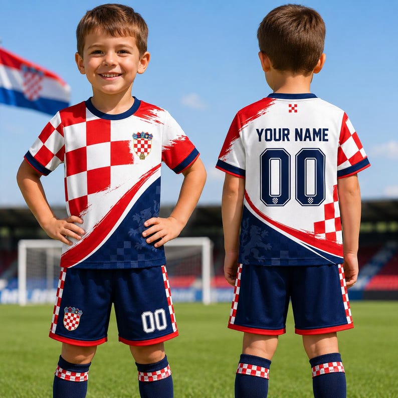 A young boy wearing a red and white soccer uniform with the number 00 and the name "YOUR NAME" printed on the back, standing on a soccer field.