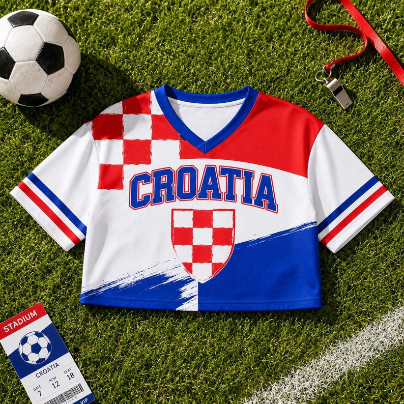 a red, white, and blue Croatia soccer jersey laid out on a grassy surface, along with a soccer ball, a whistle, and a ticket.