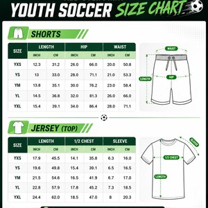 The image is a youth soccer size chart that provides measurements for different types of soccer uniforms, including shorts, jerseys, and tops.