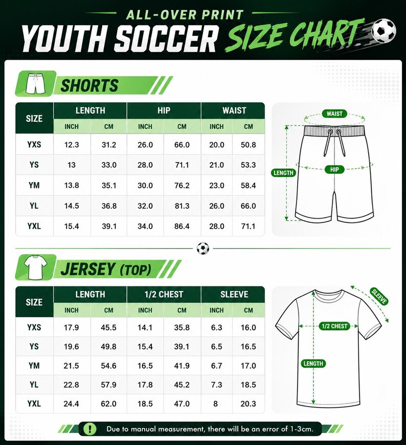 The image is a youth soccer size chart that provides measurements for different types of soccer uniforms, including shorts, jerseys, and tops.