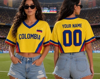 Colombia Soccer Crop Top Jersey, Personalized Colombia Football Crop Tee for Women, Colombian Futbol Shirt with Name Number