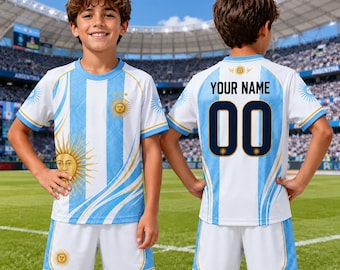 Conjunto de camiseta de fútbol argentina personalizada para niño, camiseta de Argentina con nombre y número personalizados para hijo, regalo para el aficionado