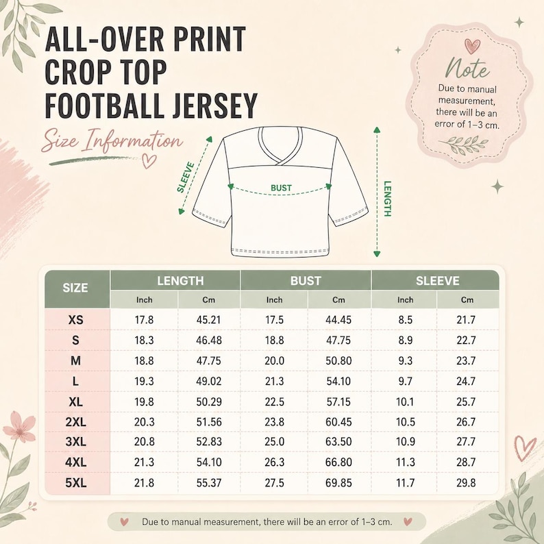 The image is a size chart for a crop top football jersey, providing measurements for different sizes such as XS, S, M, L, XL, and 5XL. The chart includes a note that due to manual measurement, there will be an error of 1-3 cm.
