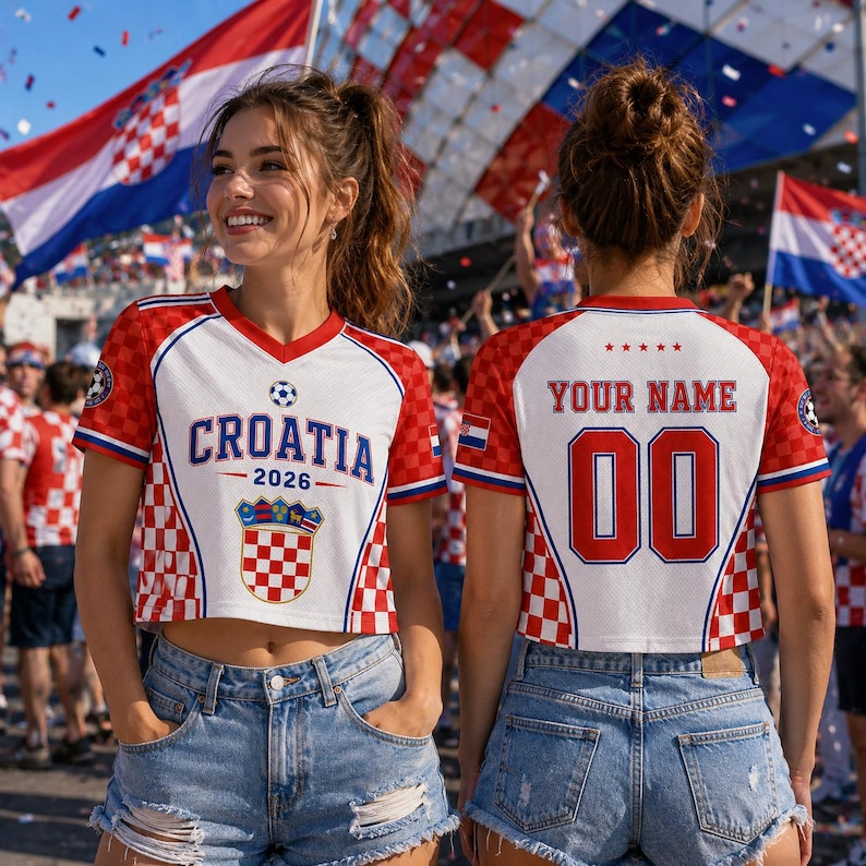 A smiling woman wearing a red and white Croatia soccer jersey with the number 00, standing in front of a crowd of people waving flags.