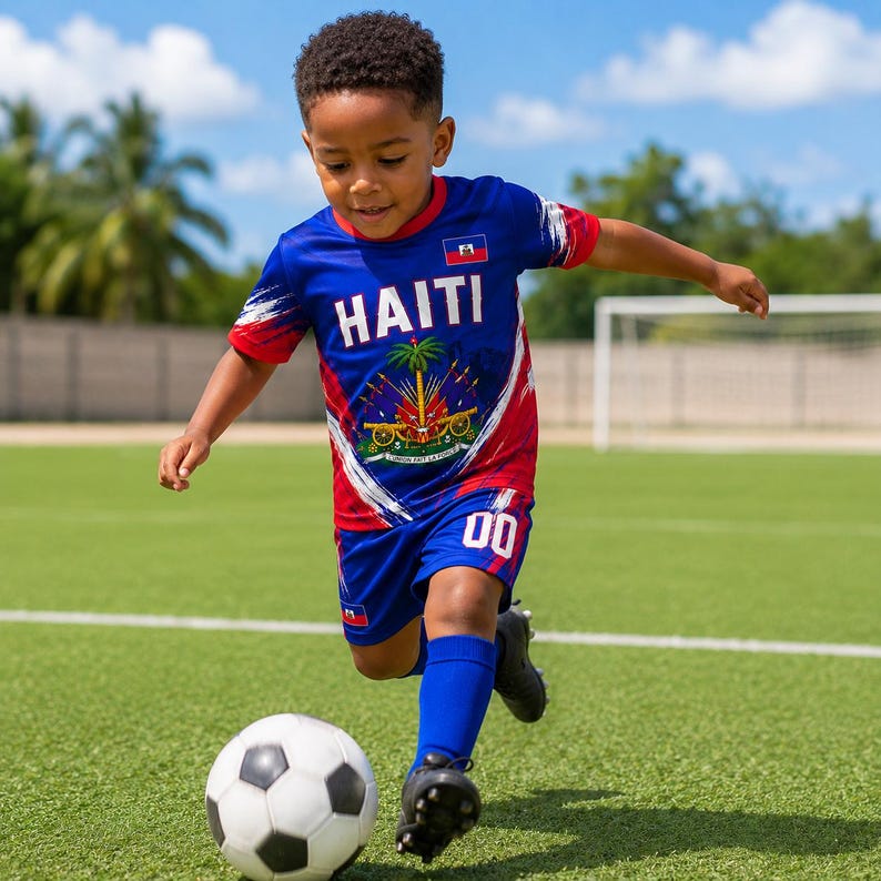A young boy in a blue and red soccer uniform is kicking a soccer ball on a green field.
