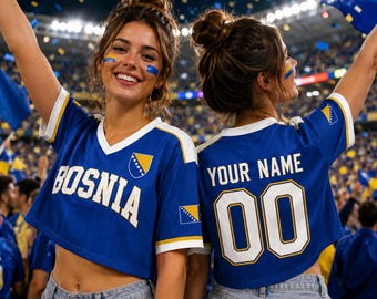 Custom Bosnia Soccer Crop Top Jersey, 2026 Bosnia Pride Crop Top Soccer Jersey Crop Tee, Football Fan Top
