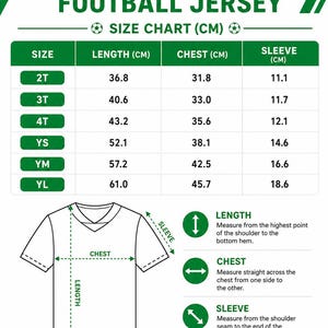 The image is a size chart for children's and youth football jerseys, providing measurements for chest, sleeve, and waist sizes.