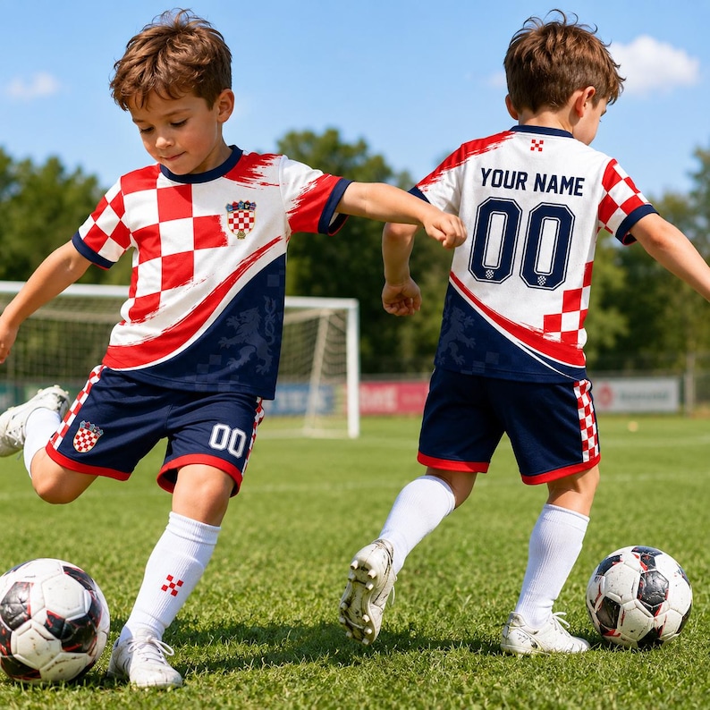 A young boy in a red and white soccer uniform is kicking a soccer ball on a grassy field.