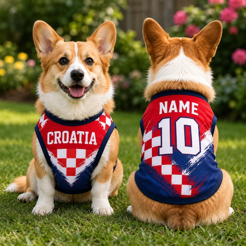 Two happy corgi dogs wearing red and blue jerseys with the word "Croatia" and the number 10, sitting on a grassy lawn.