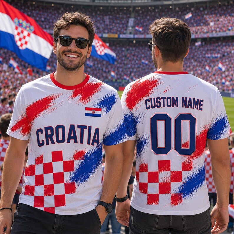 A man wearing a white and red Croatia soccer jersey with the custom name "00" and the Croatia flag on the front, standing in front of a large crowd at a soccer stadium.