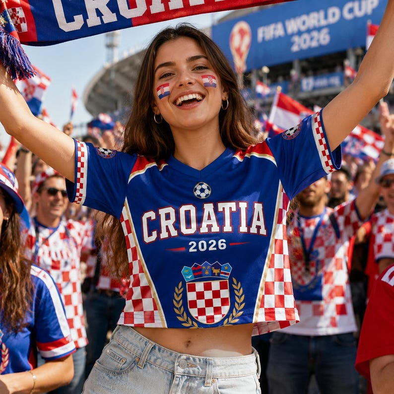 A smiling woman wearing a Croatia jersey and holding a scarf is surrounded by other enthusiastic fans at a sporting event.